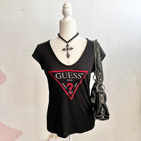 Guess Black Rhinestone T Shirt Y2K 2000s Glam Clubwear Retro Grunge Bling Medium - Picture 1 of 7